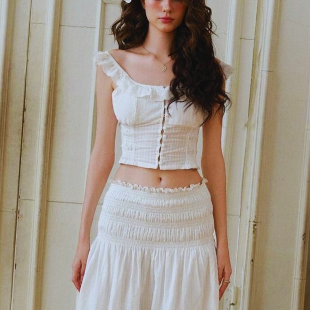 White Ribbed Sleeveless Crop Top & Tiered Maxi Skirt Set “Whimsical Glow” WG2622