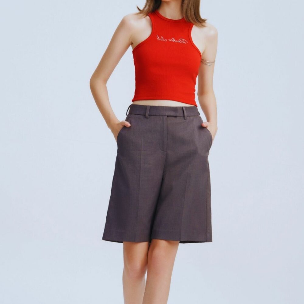 Red Sleeveless Crop Tank & Gray Tailored Shorts Set “Vibrant Edge” VE2925