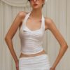 White Ruched Halter Crop Top & Smocked Mini Skirt Set “Ethereal Whisper” EW3228