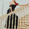 Black Off-Shoulder Ruffled Crop Top & Tiered Maxi Skirt Set “Mysterious Allure” MA2824