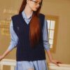 Navy Blue Cable-Knit Vest & Light Blue Striped Shirt-Skirt Set “Scholarly Charm” SC2420