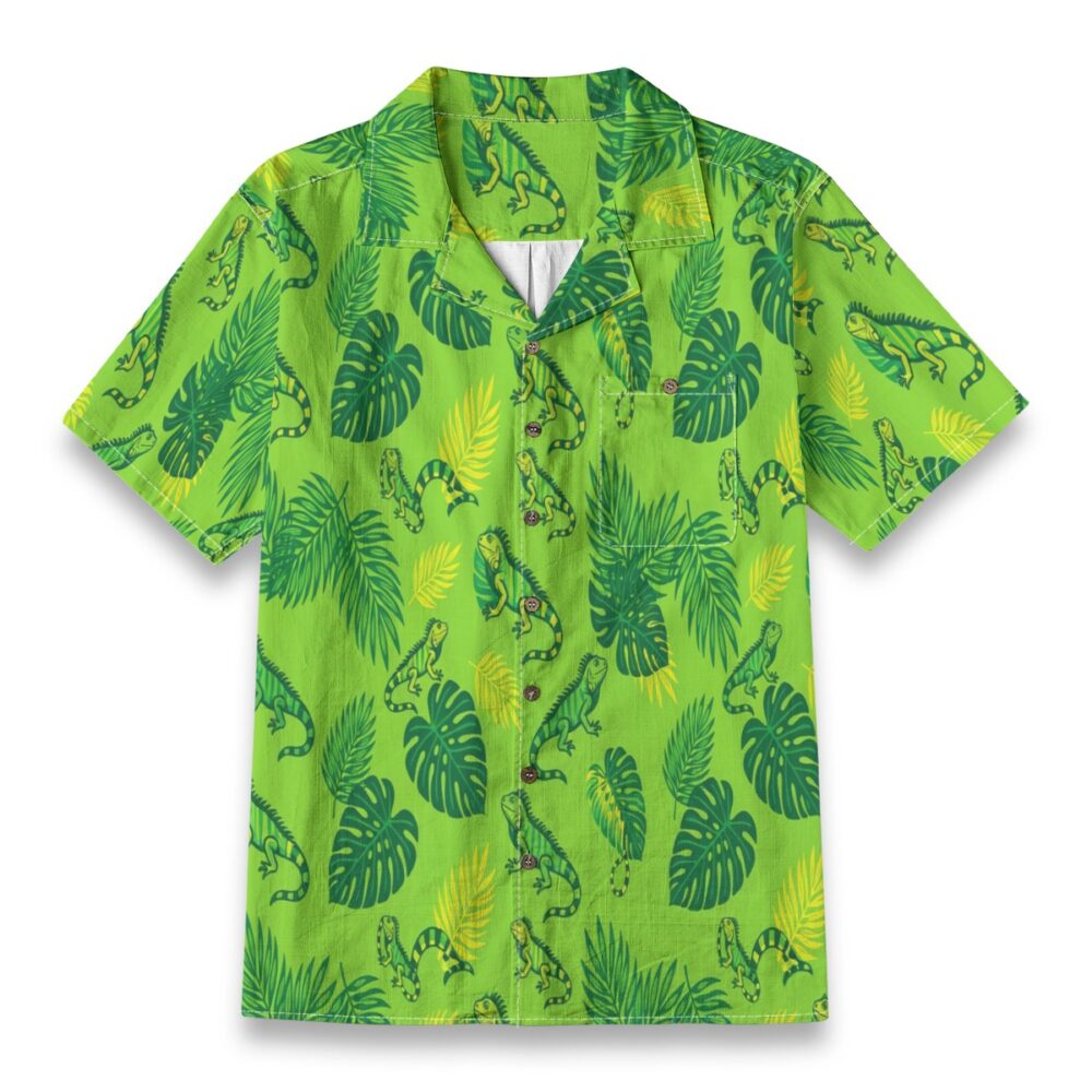 Bold Iguana Tropical Leaf Jungle Aloha Shirt